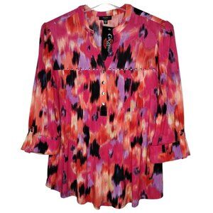 NWT Cocomo Plus Size 1X Pink Multicolor Geo Print Studded Pintuck 3/4 Sleeve Top